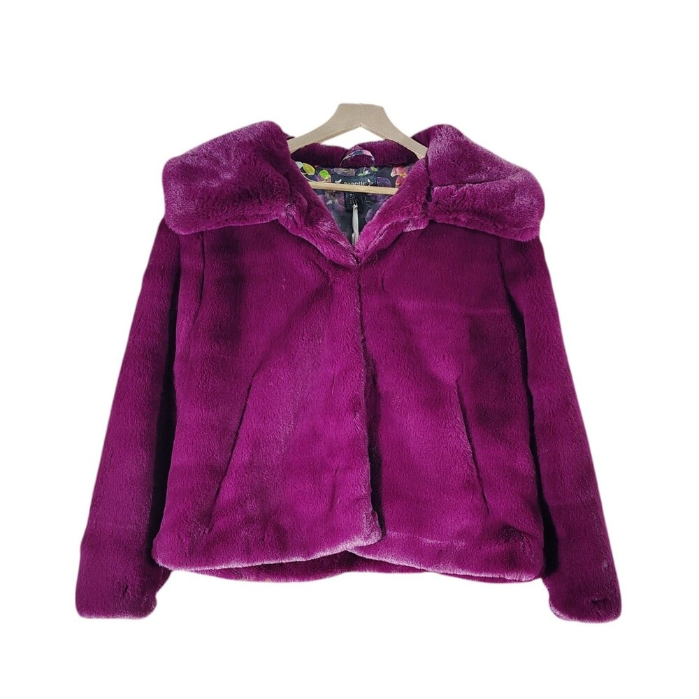 Womens Faux Fur Jacket L Magenta Plush Glam Mob Wife Y2K Cropped Statement Coat